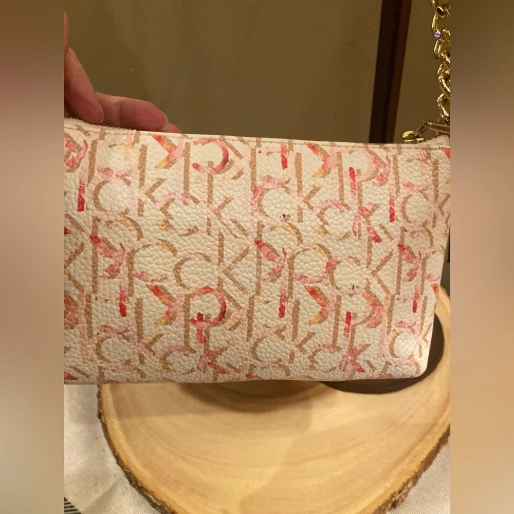 CALVIN KLEIN White With Pink Monogram Logo‎ Print Small Crossbody Bag New